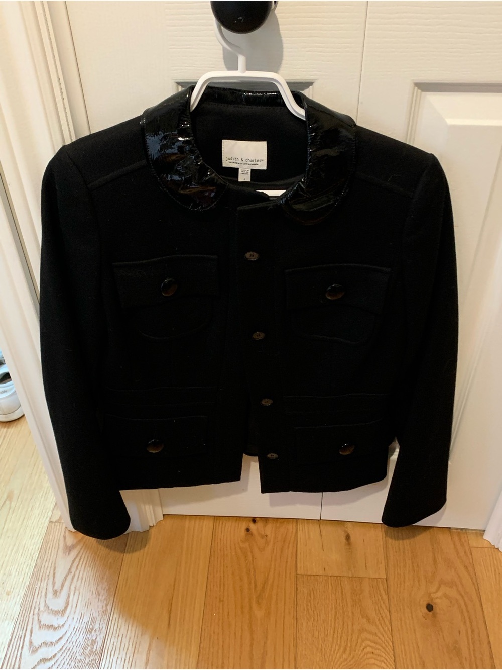 Judith & Charles Black Jacket with Patent Collar
